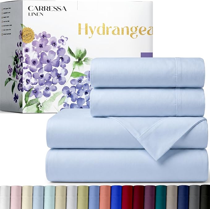 Carressa Linen 100% Egyptian Cotton Queen Sheet Set - 600 Series Hydrangeas Collection Egyptian Cotton Queen Sheets Set (4 PC, Light Blue), 16" Deep Pocket Sateen Weave Luxury Hotel Bed Sheet