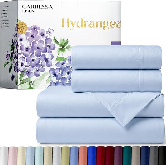 Carressa Linen California King Egyptian Cotton Sheet Sets - 600 Series Hydrangeas Collection Cal King Cotton Sheet Set (4 PC, Light Blue),16" Deep Pocket Sateen Weave Luxury Hotel Bed Sheets