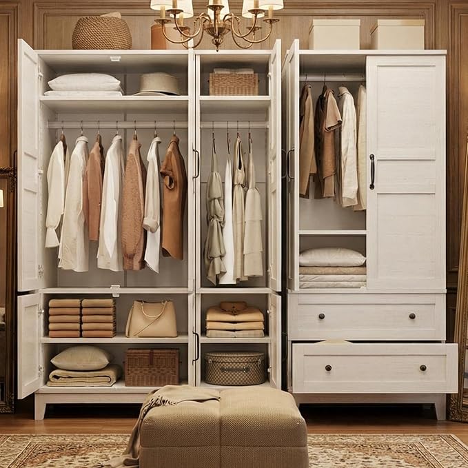 IDEALHOUSE Armoire Wardrobe Closet with 4 Doors, 72" Tall Wooden Clothing Wardrobe with Hanging Rod & DIY Adjustable Shelf, Heavy Duty Bedroom Armoire Storage Cabinet, Rustic White