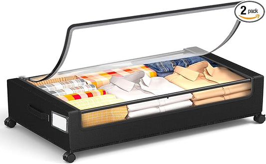 Underbed Storage with Wheels, Square Under Bed Storage Containers, 60L Under The Bed Storage, Rolling Under The Bed Storage Metal Drawer for Clothes, Blankets, Shoes...