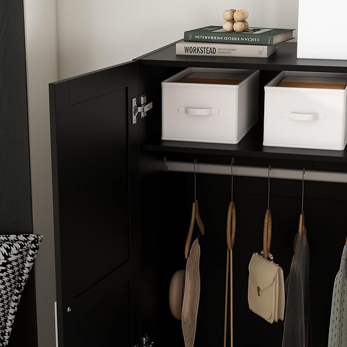 Panana Modern 2 Door Wardrobe Bedroom Armoires Closet Clothing Storage Cupboard with 2 Shelves & Hanging Rod for Bedroom (Black)