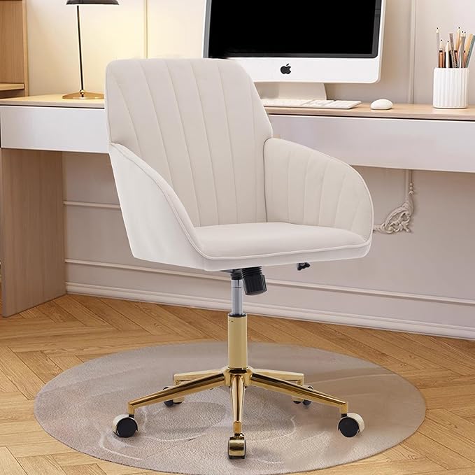 Velvet Vanity Chair with Wheels, Height Adjustable Swivel Makeup Chair, Armless Small Desk Chair for Bedroom/Office/Vanity Table, 250 lbs Capacity (Velvet, White-2)