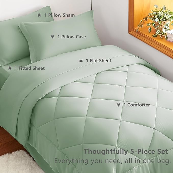 CozyLux Twin XL Comforter Set Sage Green - 5 Pieces Twin Extra Long Bed in a Bag for College Dorm, All Season Bedding Set for Girls and Boys, Soft Bed Set with Comforter, Sheets, Pillowcase & Sham