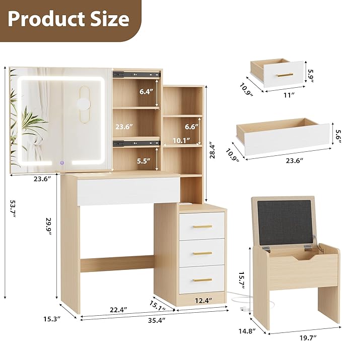 IDEALHOUSE Vanity Desk with Mirror and Lights, Vanity Table and Chair Set with 4 Drawers and Charging Station, Dresser LED Sliding Mirror with 3 Color Modes Adjustable Storage Shelves, Natural+White
