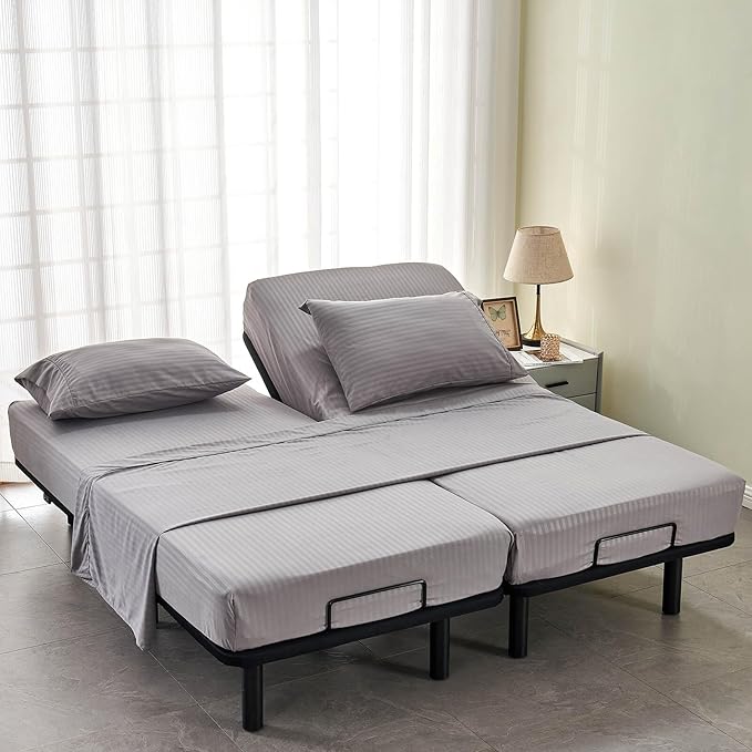 Kingnex Striped Split California King Sheets Sets for Adjustable Bed with Deep Pocket 5 Pieces Include 2 Cali Twin XL Fitted Sheets 1 Flat Sheet 2 King Size Pillowcases Grey