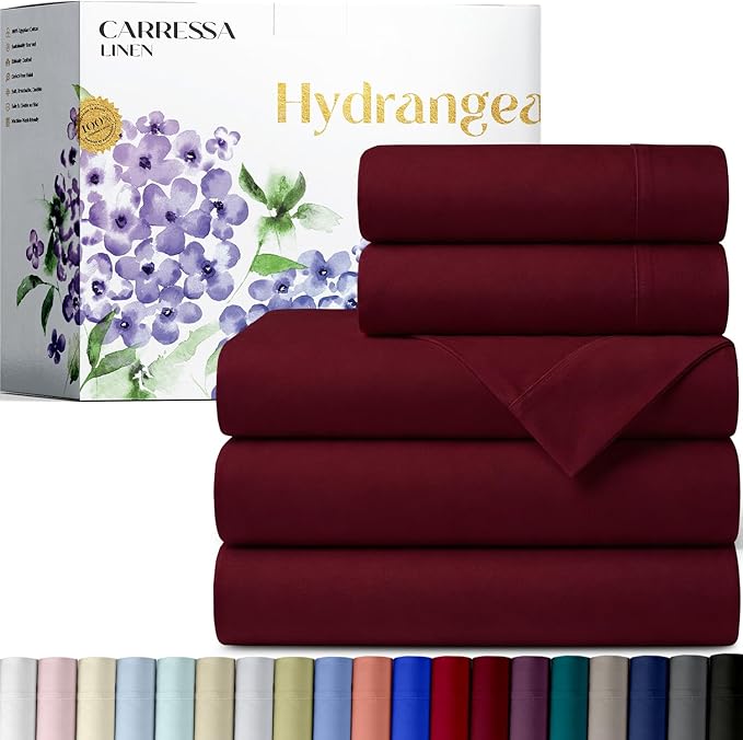 Carressa Linen 100% Egyptian Cotton Split King Sheets Sets for Adjustable Bed - 600 Series Hydrangeas Collection 5 PC Burgundy Top Split King Sheets, 16" Deep Pocket Sheet for Adjustable Bed