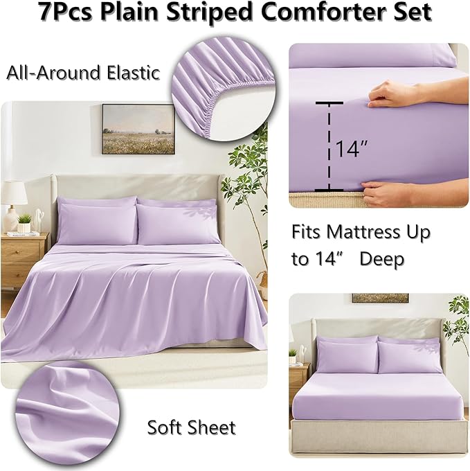 CozyLux Queen Comforter Set Lavender, 7 Pieces Bed in a Bag, Light Purple Comforters Queen Size, All Season Bedding Sets with Stitch Quilted Comforter, Flat Sheet, Fitted Sheet, Pillowcases