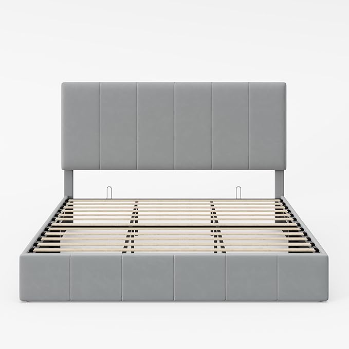 Allewie King Size Velvet Lift Up Storage Bed Frame, Vertical Channel Tufted Headboard, Hydrualic Underneath Storage, Upholstered Platform Bed, Wooden Slats Support, No Box Spring Needed, Gray