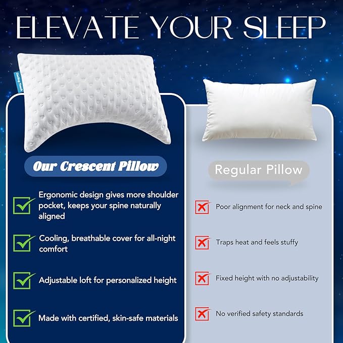 Side Sleeper Pillows for Neck & Shoulder Comfort - Ergonomic Curved Crescent Design, Adjustable Shredded Memory Foam, Cooling & Soft Cover, Extra Fill Included, King Size