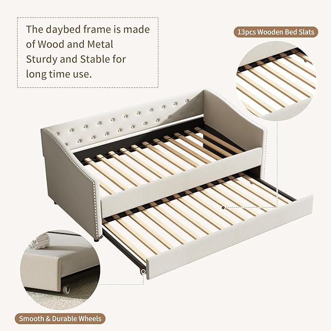 Upholstered Daybed with Trundle, Twin Size Day Bed w/Button-Tufted Back and Piping on Waved-Shape Arms for Bedroom or Guest Room, No Box Spring Required,Beige