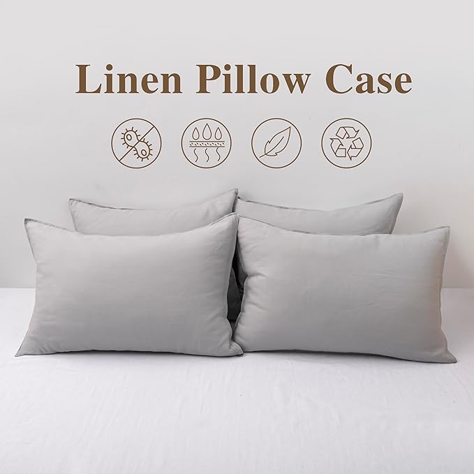 CHUFFED Linen Pillowcases 2 Pack 100% Linen Standard Pillow Cases, Breathable and Cooling Washed Pillowshams with Zipper Closure, 20x26 Inches,Light Grey