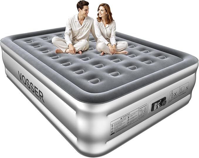 VOSSER Air Mattress Queen with Built in Pump,Blow Up Mattress in 3 Mins,18'' Raised Self Inflatable Mattress,Portable Airbed for Home,Floor&Travel,Queen Size Air Matress for Adults,660LB Max,Silver
