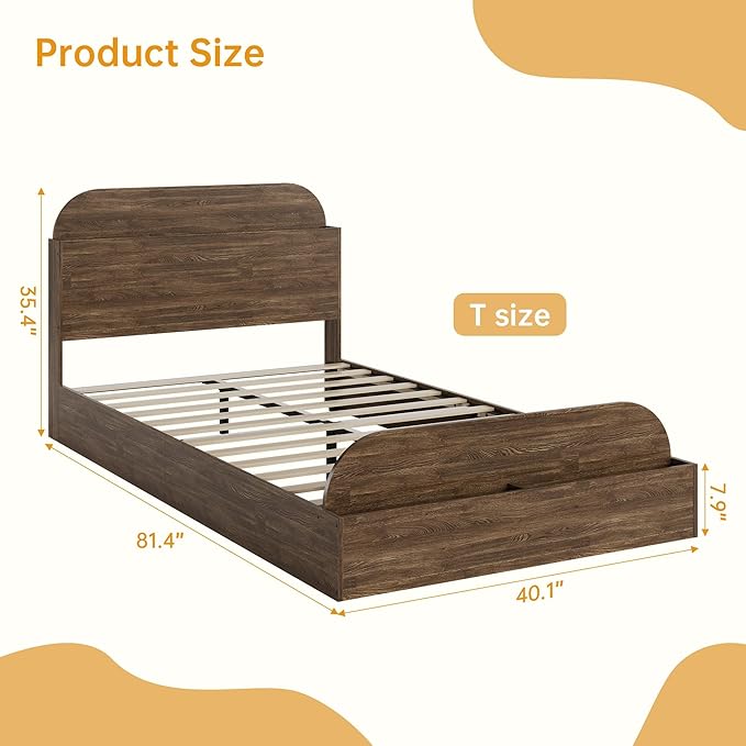 Garvee Twin Size Bed Frame with Storage Headboard and Raised Footboard – Wooden Twin-Floor Low Platform Bed for Kids, Heavy Duty & Noise Free, No Box Spring Needed, Walnut