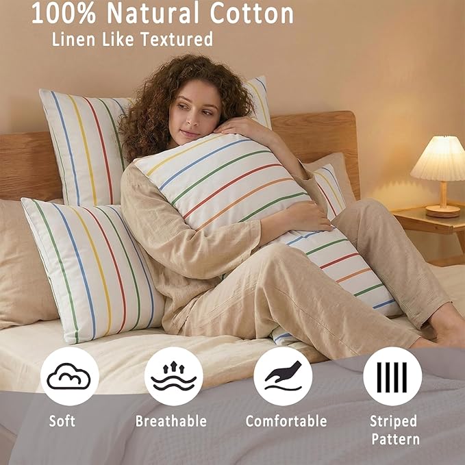 Merryword Body Pillow Cover 20x54inches, 100% Cotton Pillow Case, Rainbow Striped Pillowcase, Luxury Linen Like Pillowcase, Soft Breathable Pinstripe Long Pillowcase, 1-Piece