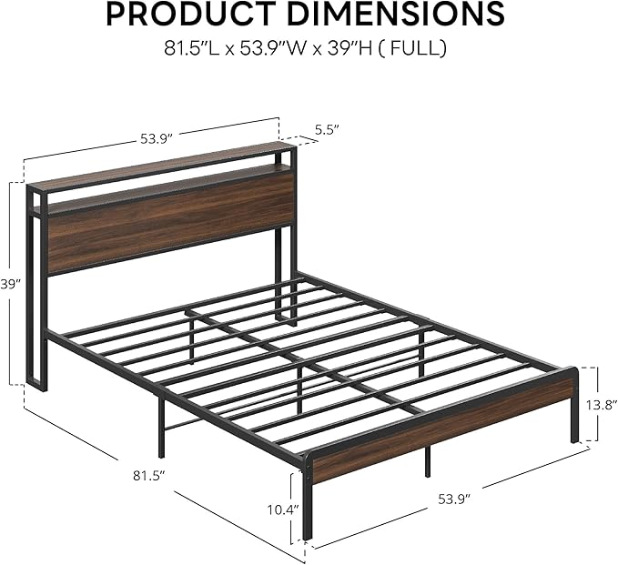 LIKIMIO Full Bed Frame with Headboard, Dark Wood Camas Full with Strong Supports, Sturdy, Noise-Free, No Box Spring Needed, Dark Walnut
