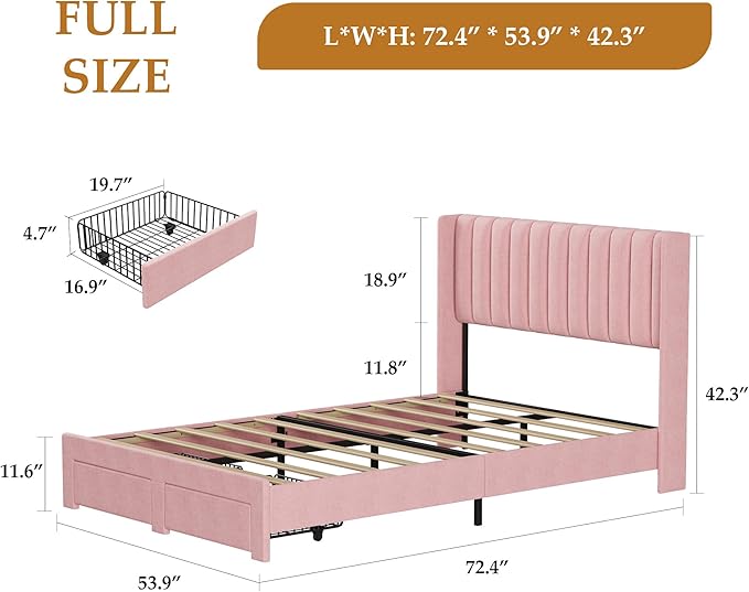 GarveeHome Full Size Bed Frame, Bed Frame Upholstered Platform Bed with Velvet Headboard, Wing Edge Design, 2 Storage Drawers, No Box Spring Needed, Pink