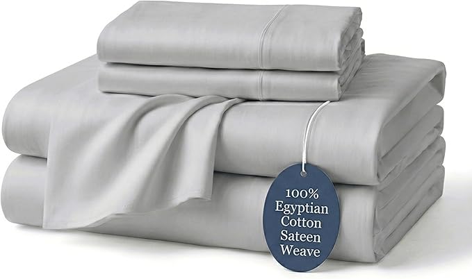 100% Egyptian Cotton Sheets California King Light Grey - Luxury Hotel Collection Sheet Set, Cooling & Breathable Sateen Weave, Anti Pilling Extra Long Staple Cotton, 16" Deep Pocket - 4Pc