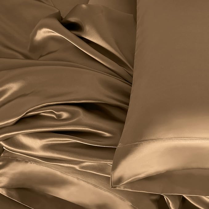 Homiest 4pcs Satin Sheets Set Luxury Silky Satin Bedding Set with Deep Pocket, 1 Fitted Sheet + 1 Flat Sheet + 2 Pillowcases (King Size, Camel Brown)