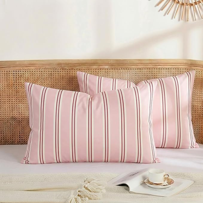 Merryword King Size Pillowcases, 100% Cotton Pillow Cases, Pink Striped Pillowcases, Soft Breathable Ribbon Stripe Pillow Covers, Set of 2