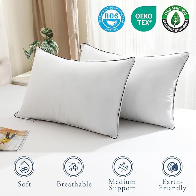 BPC Luxury Hotel Goose Feather Down Pillows Queen Size Set of 2, Medium Firm Bed Pillows for Sleeping, Organic Cotton Cover, Soft Yet Supportive Down Alternative Surround, RDS Certified, White 20"x30"