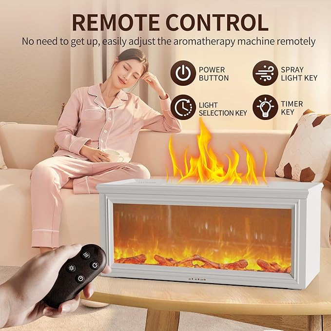 Fireplace Flame Air Diffuser Humidifier 280ml with Remote Control,7 Colors Aromatherapy Essential Oil Diffuser,Ultrasonic Aroma Humidifier with Timer for Home,Bedroom,Office,Yoga, White