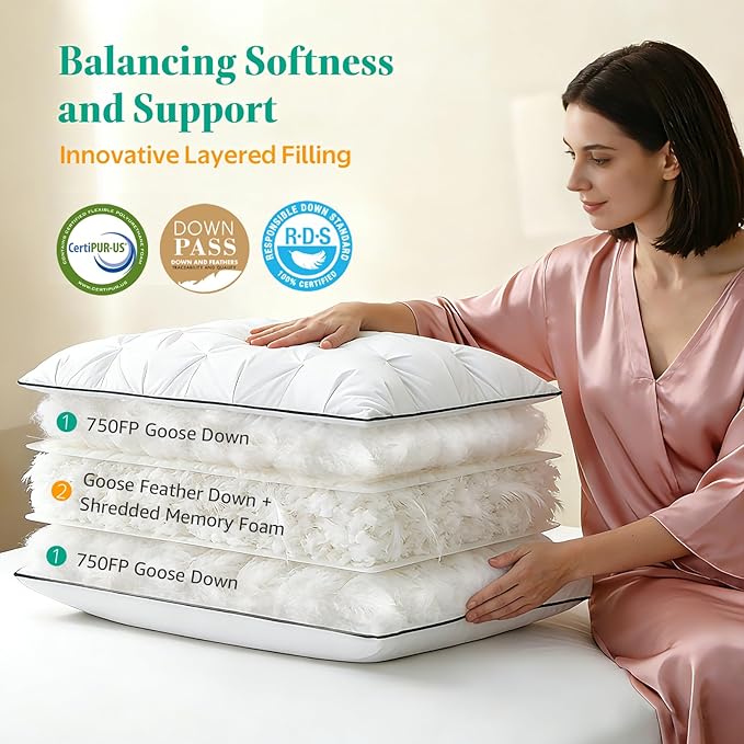 Premium Hybrid Goose Feather Down Pillows King Size Set of 2 with 100% Organic Cotton Cover, Hotel Collection Bed Pillows for Sleeping, White Fluffy Soft Gusseted Pillows (18"x34"+2" Gusset)