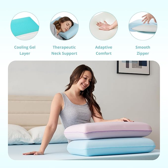 Gelsea Cooling Gel Memory Foam Pillow - Reversible Design, Neck Support for Side, Back, Stomach Sleepers, Standard Size, Removable & Machine Washable Cover, Pressure Relief for Hot Sleepers, Pale Blue