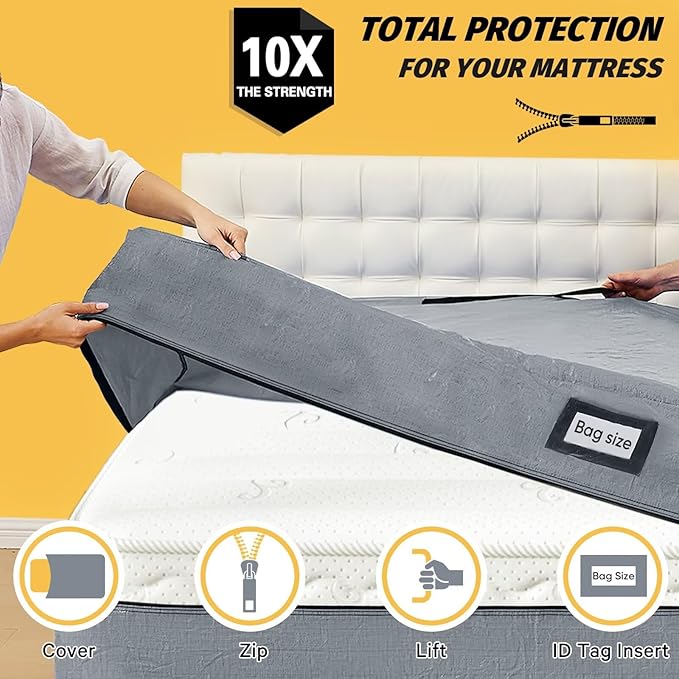 Mattress Bags for Moving and Storage, BETU Full Size Waterproof Mattress Protector Mattress Cover with 8 Heavy Duty Handles and Zipper Extra Thick Moving Supplies for Bed (2 Pack:77x57x13.5 Grey)