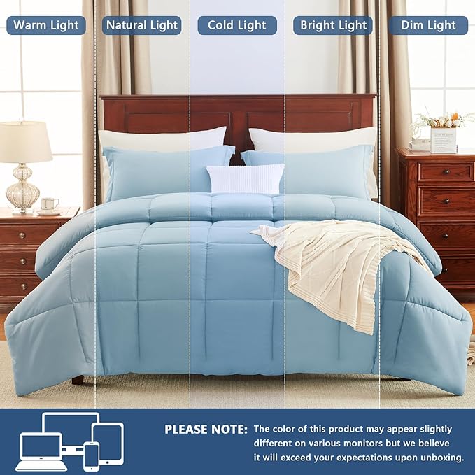 CozyLux King Size Comforter Set - 270GSM Light Blue Bedding Sets for All Seasons Size, 3 Pieces Box Stitched Bed Set with 1 Down Alternative Comforter and 2 Pillow Shams, Soft, Lightweight, Durable