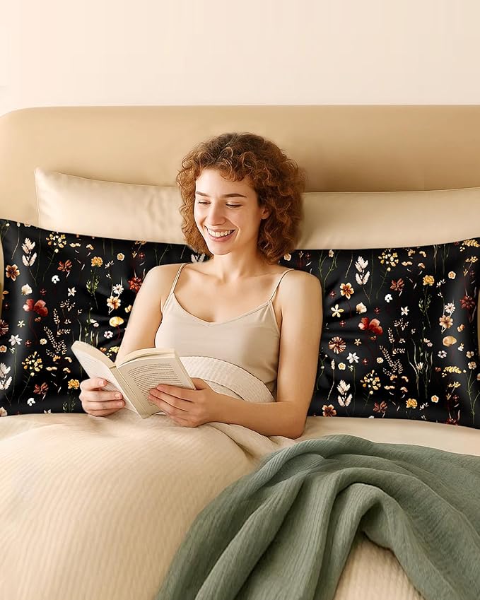 Miss Adola Silk Body Pillow Cover with Zipper - 20x54 Inch Silk Long Pillow Case for Women Ladies Adults Soft Bed Decorative Cute Boho Large Body Pillowcase Sham for Hair and Skin, Black Grow Flower