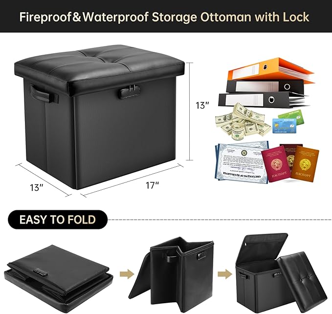 DocSafe Storage Ottoman with Lock,Fireproof Folding Ottoman Foot Rest Stool Storage Chest with Storage Safe for Important Documents,Waterproof 17 Inches Short Ottoman Foot Stool with Handles,Black