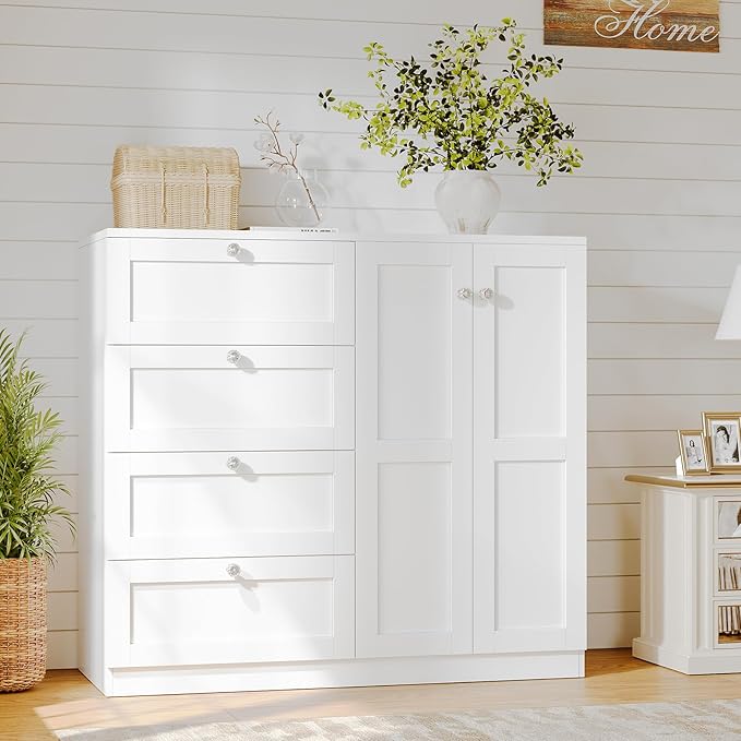 VOWNER Armoire Wardrobe Closet with 4 Drawers and 2 Doors, 43''H Clothing Storage Cabinet Dresser with Hanging Rod, Cothes Wardrobe for Bedroom, Baby Closet, White