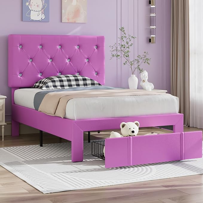 VECELO Twin Size Bed Frame with Storage Drawers, Leather Upholstered with Diamond Tufted Headboard, Solid Wood Slat Support, No Box Spring Needed, PU & Purple