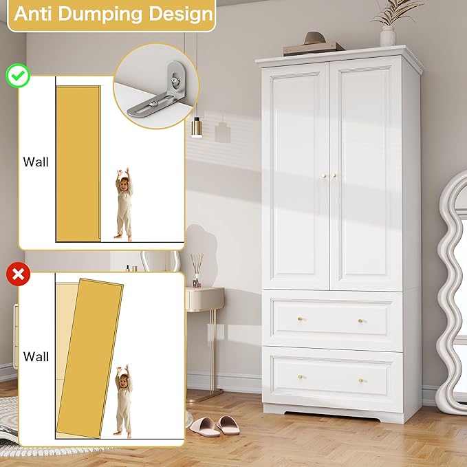 White Wardrobe with 2 Drawers: 74" Wooden Wardrobe Closet for Hanging Clothes, Tall Armoire Closet with 2 Doors, Bedroom Armoires with Hanging Rod (32")