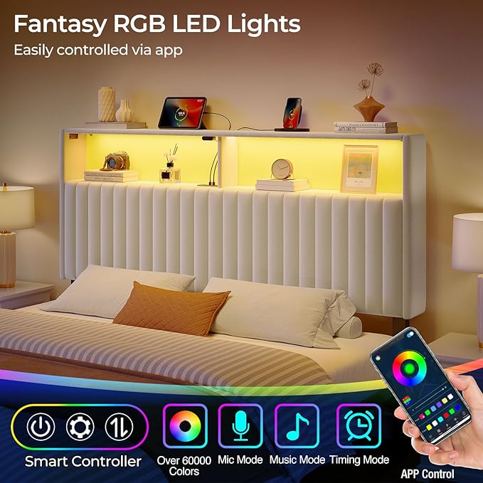 Rolanstar Headboard for Queen Size Bed with Storage, 60,000 DIY Color of LED Light, Head Board with USB & Type C Port, Height Adjustable, Velvet Upholstered, Comfortable Modern, Light White
