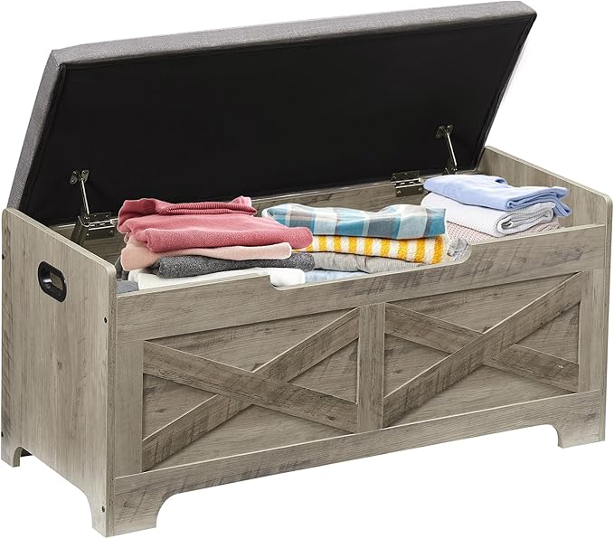 IDEALHOUSE Storage Bench, 39.4" Retro Wooden Storage Chest with 2 Safety Hinges, Loads 300 lb, Easy Assembly, Storage Ottoman Bench for Bedroom Entryway Living Room, Grey