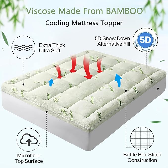 PATSBA Premium Viscose Made from Bamboo Short Queen RV Size Mattress Topper, Quilted Fitted Extra Thick Mattress Pad,Pillow Top Mattress Cover with Deep Pocket Up to 21 Inches（60 * 75inch）
