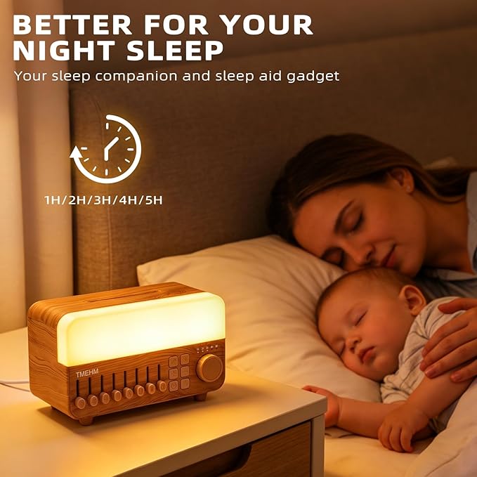 TMEHM 4-in-1 Sleep Sound Machine with White Noise & 8 Nature Sounds, Bluetooth Speaker, Night Light & Aroma Diffuser with Timer for Baby, Kids and Adults (Wood Grain Finish)