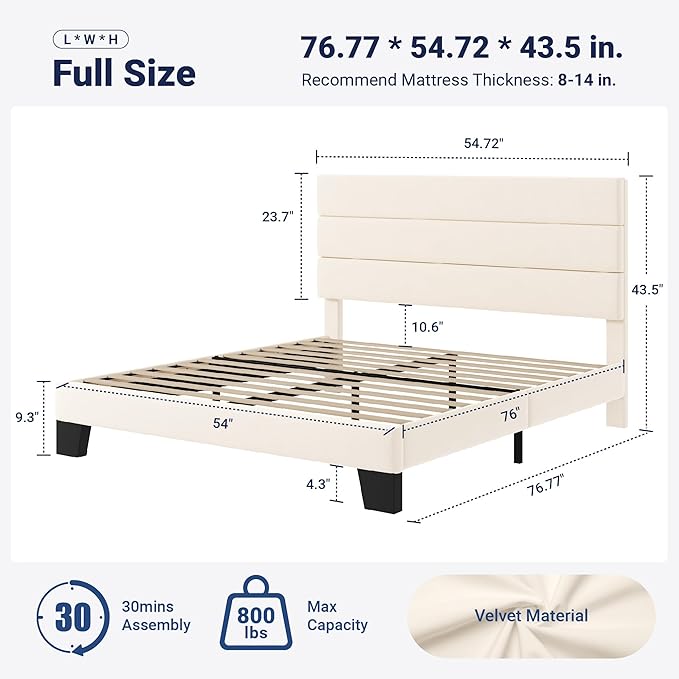 Allewie Full Size Platform Bed Frame with Velvet Upholstered Headboard and Wooden Slats Support, Fully Upholstered Mattress Foundation/No Box Spring Needed/Easy Assembly, Cream