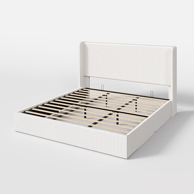 SHA CERLIN King Size Lift Up Storage Bed Frame, Modern Upholstered Wingback Headboard, Hydraulic Support & Underneath Storage, Soft Corduroy Fabric Platform Bed, No Box Spring Needed, White