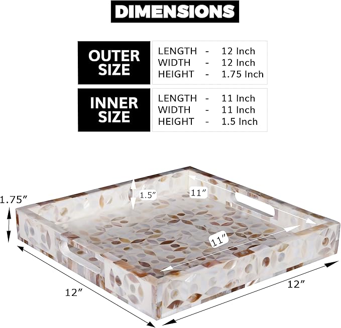 Handicrafts Home Handmade Discovery Pattern Inspired Decorative Tray - 12x12 Ottoman Tray, Multipurpose Mother of Pearl & Resin Inlay Centerpiece Tray for Living Room Dining Entertaining and Display
