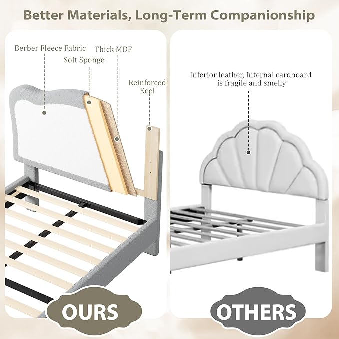 GarveeHome Full Bed Frames for Kids with Soft headboard, Velvet Low Bed Frame for Girls, Boys, No Box Spring Needed, Wooden Slats, Noise Free, Sturdy, Easy Assembly, Grey White
