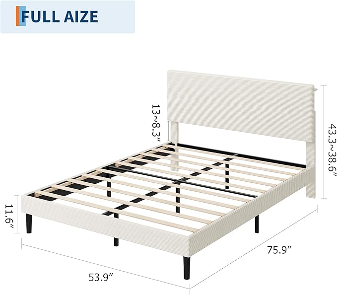 IDEALHOUSE Full Size Bed Frame, Platform Bed with Adjustable Corduroy Upholstered Storage Headboard and Charging Station, Sturdy Metal Support, Noise Free, Easy Assembly, Beige