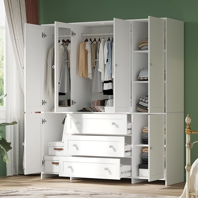 VOWNER Armoire Wardrobe Closet with Drawers and Mirror, 71" Clothing Storage Cabinet with Hanging Rod, 6 Doors Wooden Wardrobe Cabinet for Bedroom, Large Capacity Storage