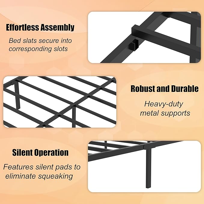 Queen Metal Platform Bed Frame, Victorian Vintage Style, Wrought Iron Headboard, Steel Slats, No Box Spring Needed (Black, Queen)