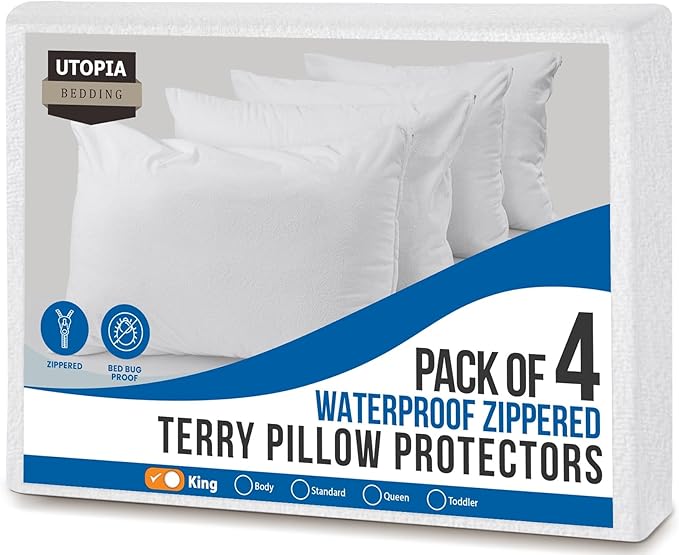 Utopia Bedding Set of 4 Waterproof Pillow Protectors with Zipper King Size, Terry Pillow Covers, Bed Bug and Dust Mite Proof Pillow Cases
