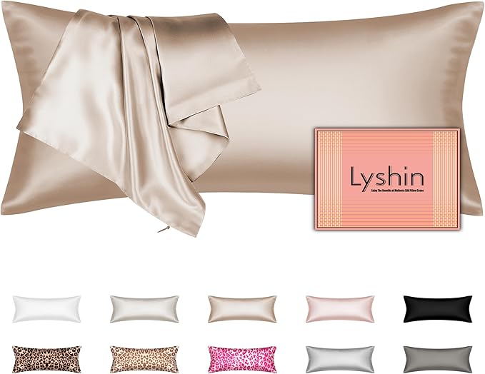 Silk Body Pillow Cover with Zipper, Mulberry Silk Pillow Cases Body Size, Ultra Smooth and Soft Breathable Cooling Silk Satin Body Pillowcase for Hair and Skin, Champagne (20x54 Inches, 1 Pack)