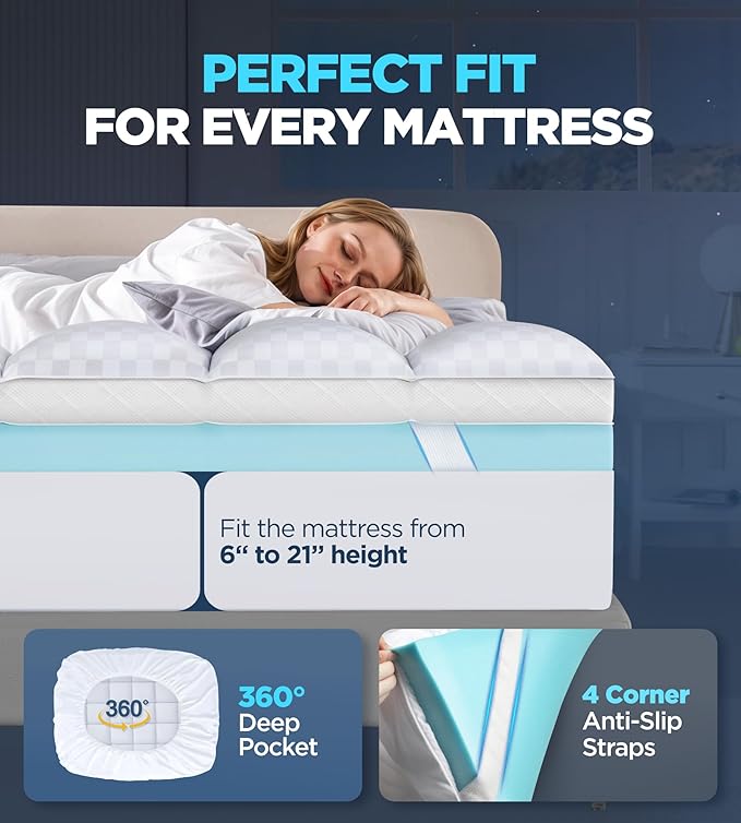 Dual Layer Memory Foam Mattress Topper for Pain Relief with 2X Support, 2" Fluffy Pillow Top King Mattress Topper Plus 2" Odor-Free Cooling Gel Memory Foam Ultra Comfort Mattress Pad Cover