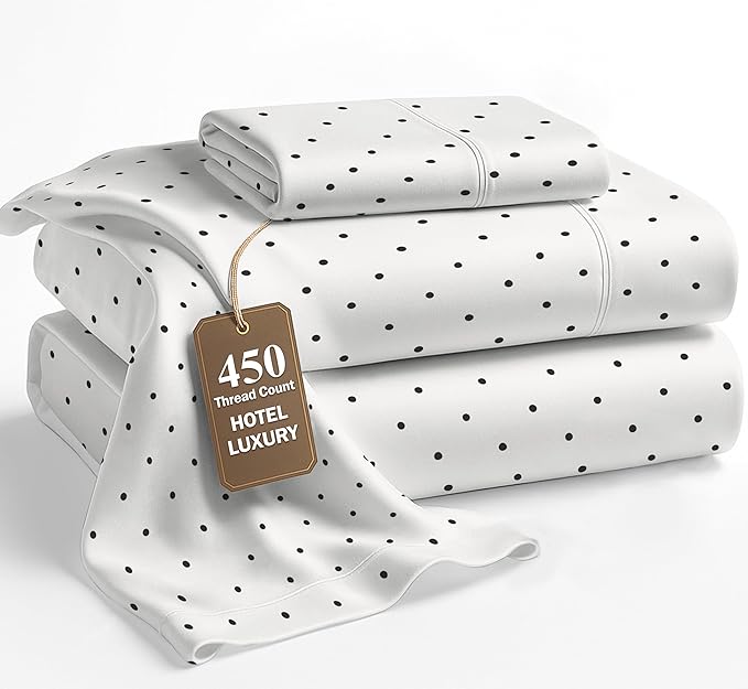 LANE LINEN 450 Thread Count 100% Mercerized Cotton Twin XL Bed Sheets Set - Machine Wash, Soft & Comfy Hotel Like Thick Rose Bedding Set, Cotton Bedding Sheets & Pillowcases - Polka Dot Black