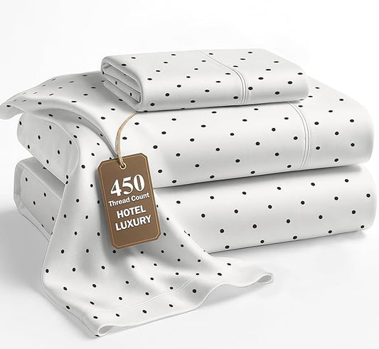 LANE LINEN 450 Thread Count 100% Mercerized Cotton Twin XL Bed Sheets Set - Machine Wash, Soft & Comfy Hotel Like Thick Rose Bedding Set, Cotton Bedding Sheets & Pillowcases - Polka Dot Black